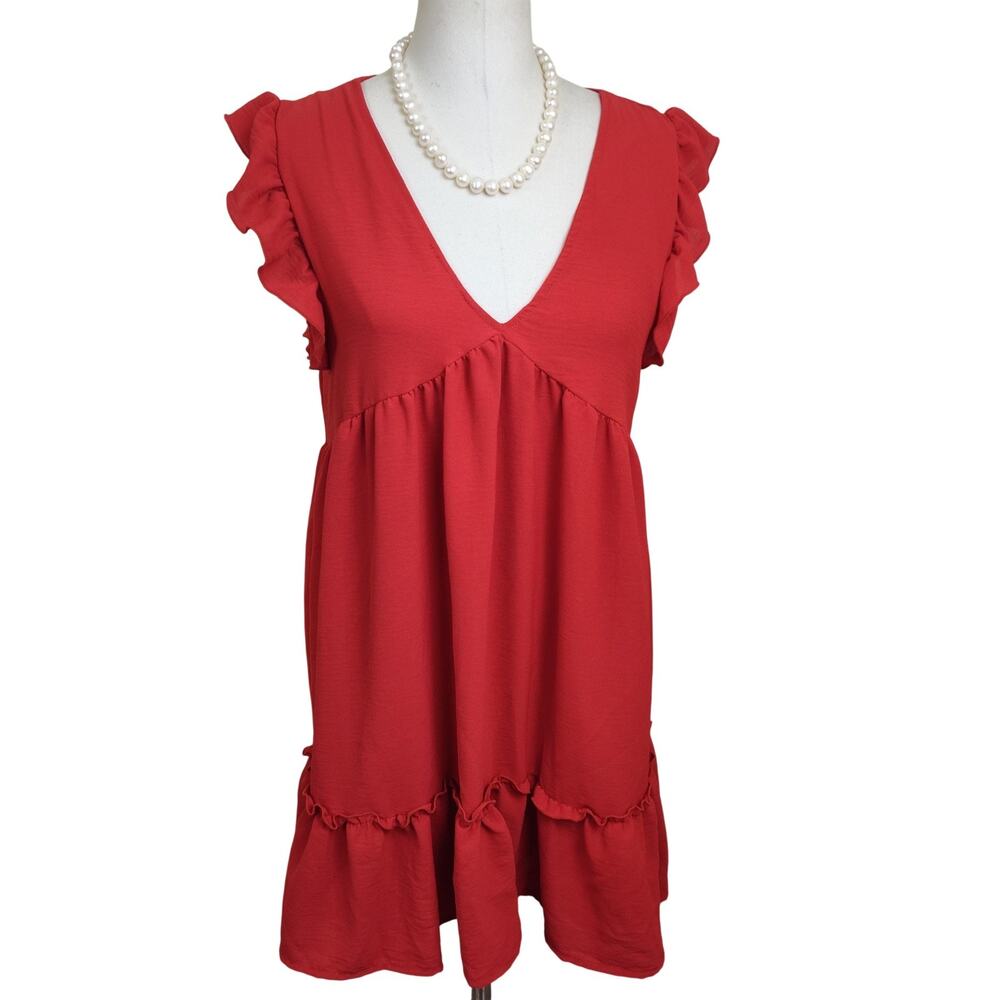 Altar'd State Dress Womens Small Red V Neck Ruffle Hem Swing Lined Sundress